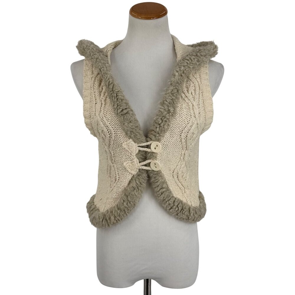 Vtg Y2K Old Navy Cream Cable Knit Faux Shearling Trim Hooded Boho Sweater Vest L - Picture 2 of 16
